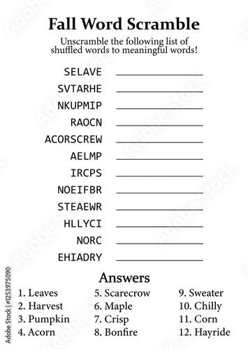 Fall Word Scramble and Puzzle, Fun Educational Game for Kids, Teens & Adults