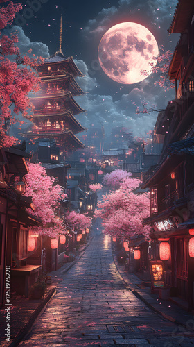 A Japanese street at night, with a full moon
