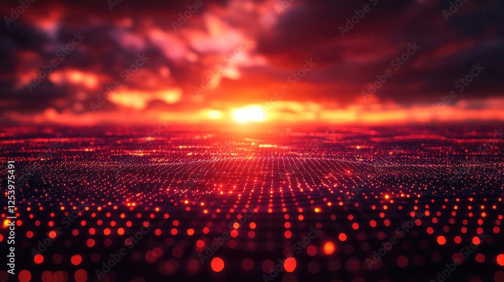 Fototapeta premium A digital landscape featuring a vibrant sunset over a grid of glowing dots.