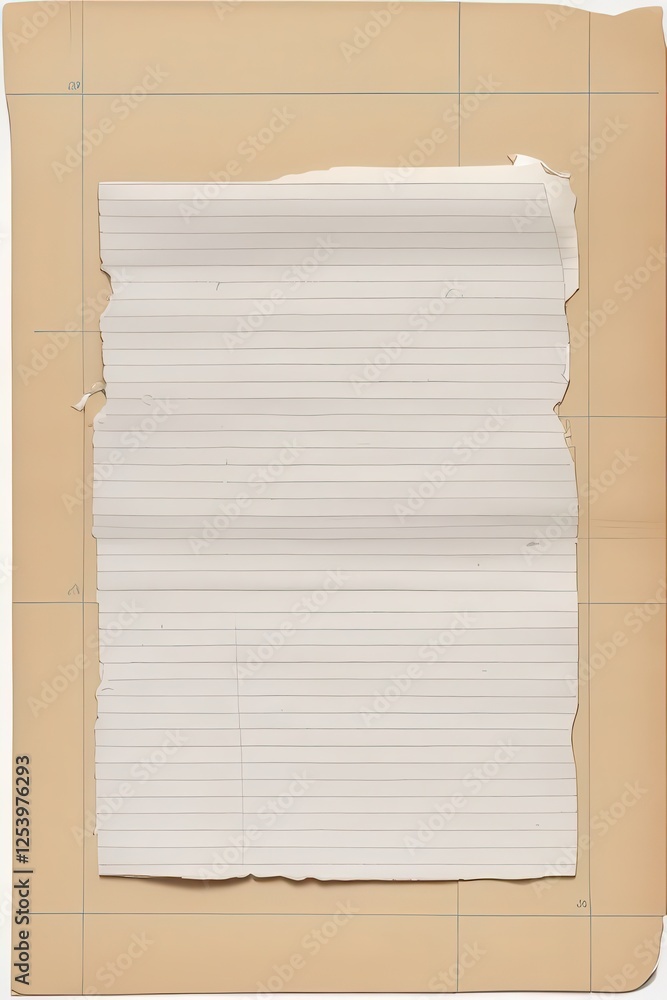 Naklejka premium Torn Lined Paper Sheet on Grid Background: Grunge Texture, School Concept, Note Template. Keywords: paper, torn, lined, grid, texture, background, template, school, note, grunge.