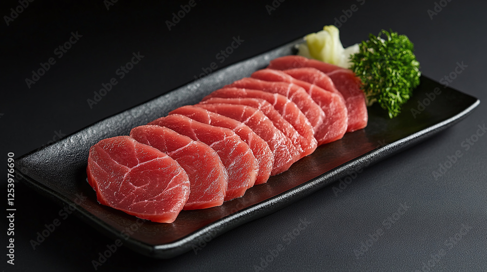 Minimalist sushi platter with pristine slices of tuna on matte black rectangular plate. Minimalist sushi platter with pristine slices of tuna on matte black rectangular plate.