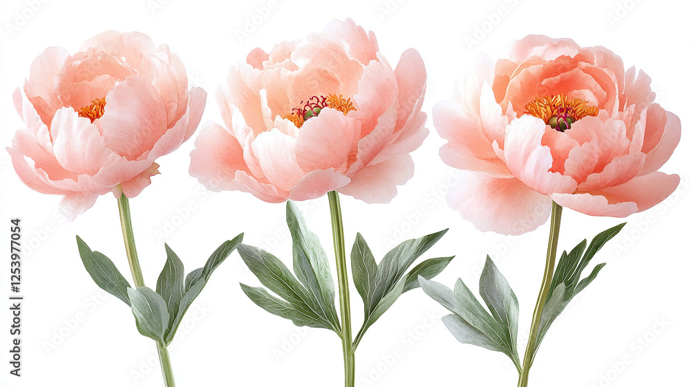 Watercolor set of blush peonies flowers isolated on white background. Watercolor set of blush peonies flowers isolated on white background.