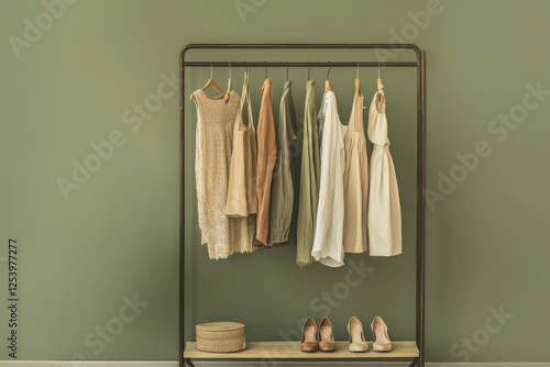 Curated fashion display with neutral and green clothing tones photo