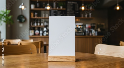 Wallpaper Mural A blank white table sign on a wooden stand in a cozy cafe setting Torontodigital.ca