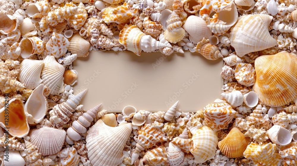 Obraz premium Blank paper card surrounded by various natural seashells in a flat lay arrangement under bright light.