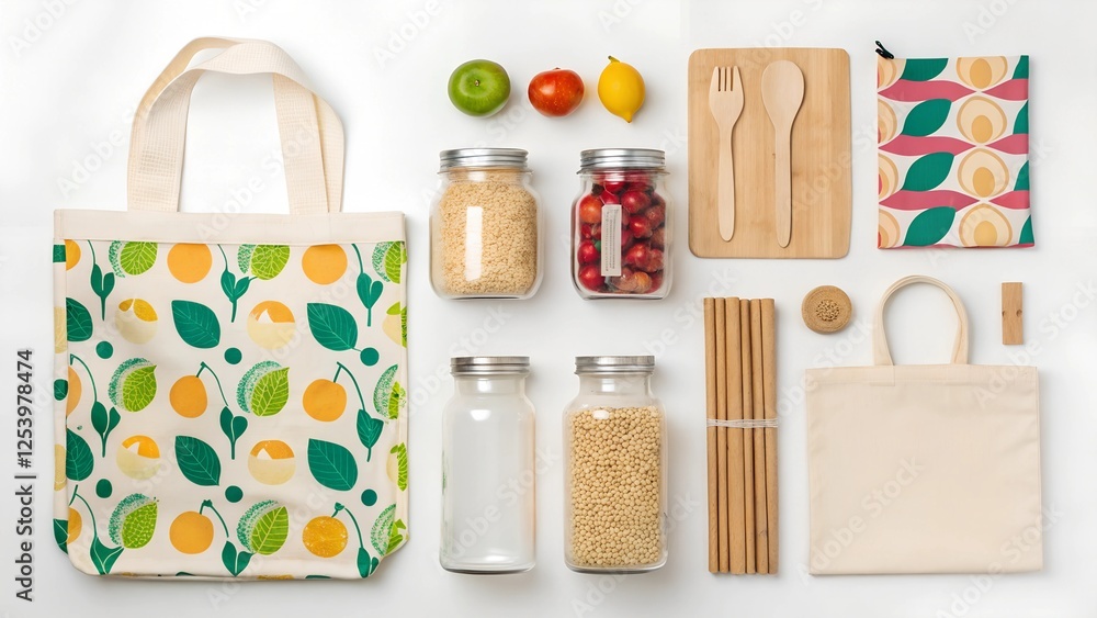 A stylish flat design of a zero-waste lifestyle, featuring reusable bags, glass jars, and eco-friendly products A stylish flat design of a zero-waste lifestyle, featuring reusable bags, glass jars, and eco-friendly products