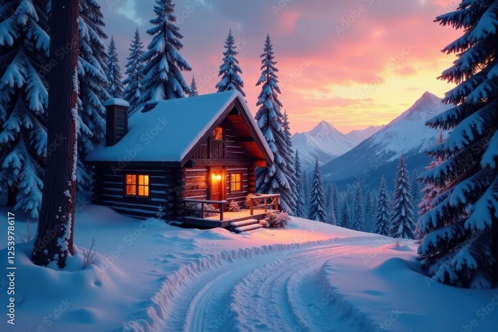 Fototapeta premium Rustic cabin nestled amongst snow-laden evergreens, twilight glow , winter scene, idyllic, outdoors