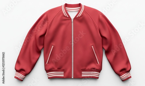 Red varsity jacket, studio shot, white background, apparel mockup
