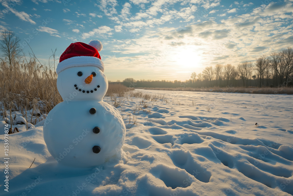 Obraz premium A snowman wearing a santa hat standing in the snow