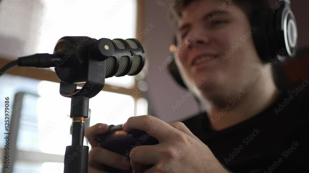Young gamer streaming and playing videogames with a professional microphone
