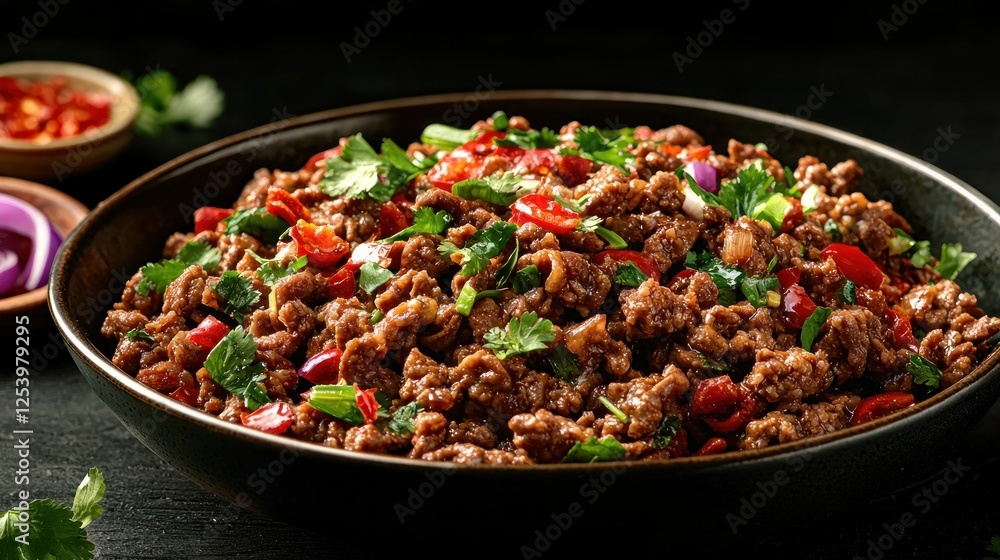 Spicy minced beef stir-fry, dark background, food photography, recipe illustration Spicy minced beef stir-fry, dark background, food photography, recipe illustration