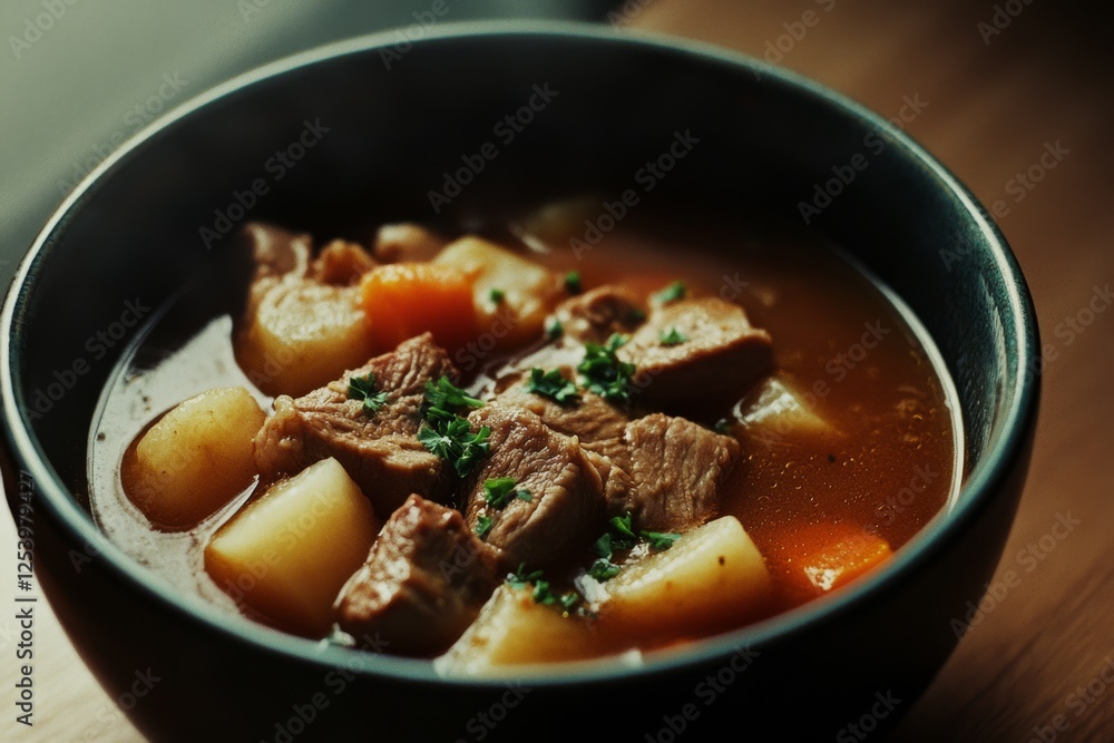A hearty bowl of beef stew with chunky vegetables emitting warmth and comfort, perfect for a cozy meal on a cold day. A hearty bowl of beef stew with chunky vegetables emitting warmth and comfort, perfect for a cozy meal on a cold day.