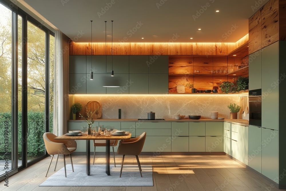 Fototapeta premium Modern kitchen interior with wooden accents and soft lighting featuring a dining table set for a meal surrounded by lush greenery