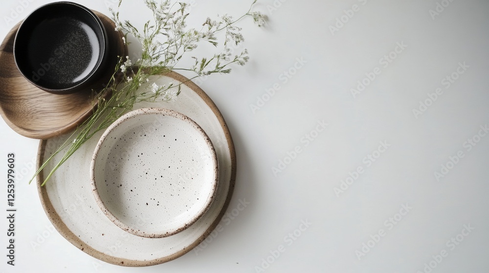 Minimalistic table setting with ceramic plates and a cup Minimalistic table setting with ceramic plates and a cup