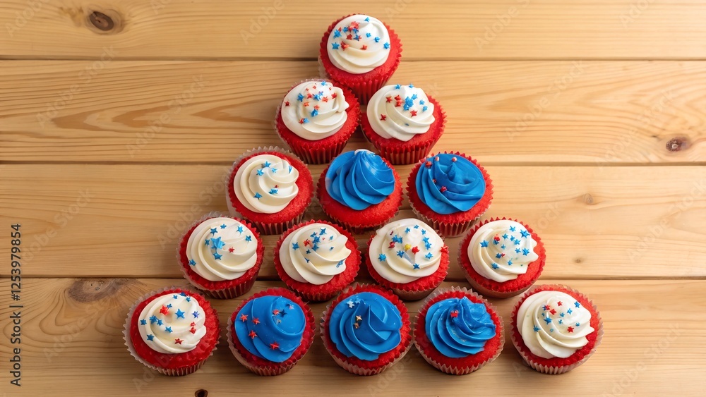 Fototapeta premium A beautiful arrangement of red white and blue cupcakes on a wooden table
