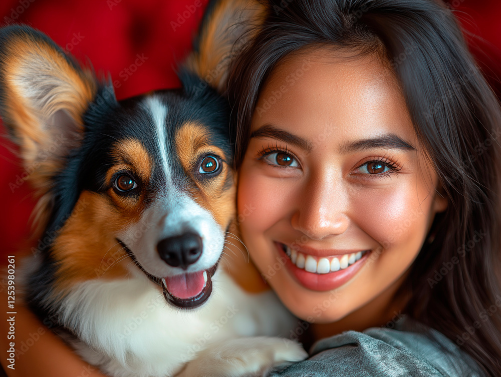 Smiling Young Woman with Long Dark Hair Hugging a Happy Australian Shepherd Dog Against a Vibrant Red Background Smiling Young Woman with Long Dark Hair Hugging a Happy Australian Shepherd Dog Against a Vibrant Red Background