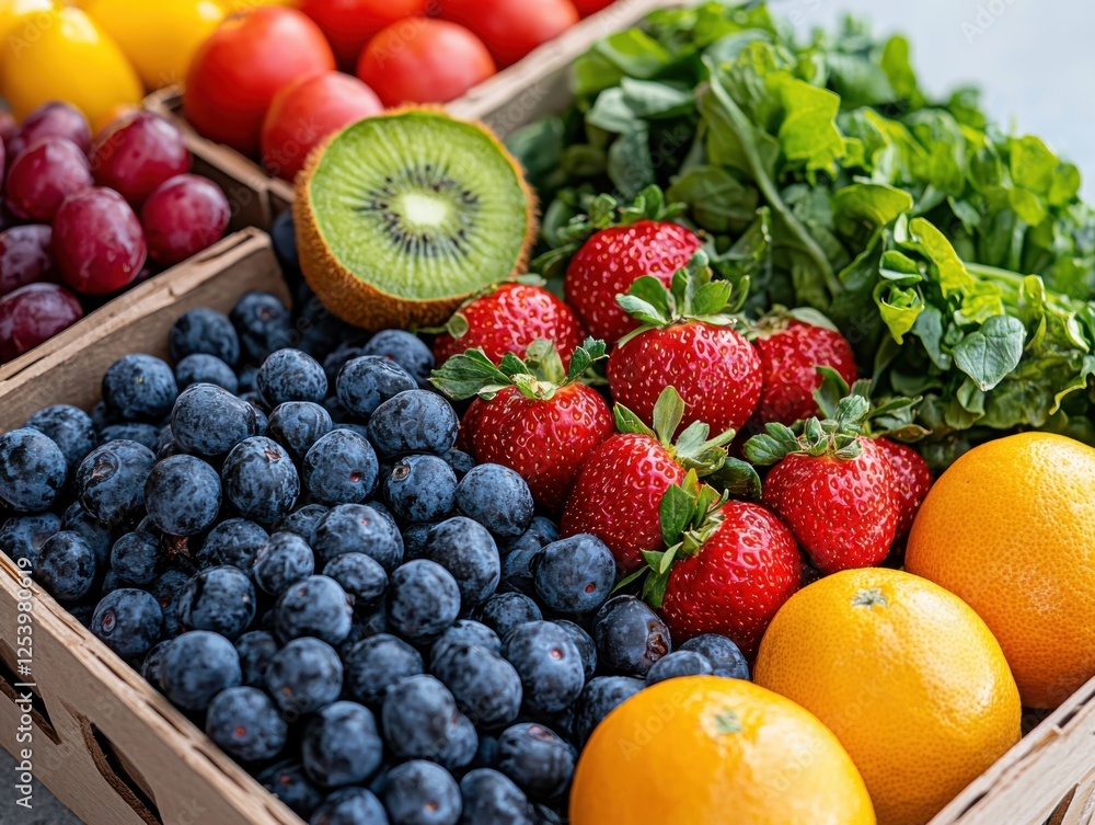 Vibrant flat lay of assorted fruits and vegetables in a bright studio showcasing colorful fresh produce realistic perspective for visual appeal Vibrant flat lay of assorted fruits and vegetables in a bright studio showcasing colorful fresh produce realistic perspective for visual appeal