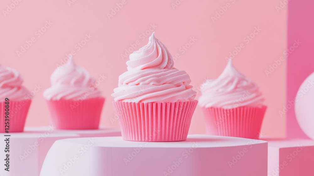 Pink frosted cupcakes on a pastel-colored table
