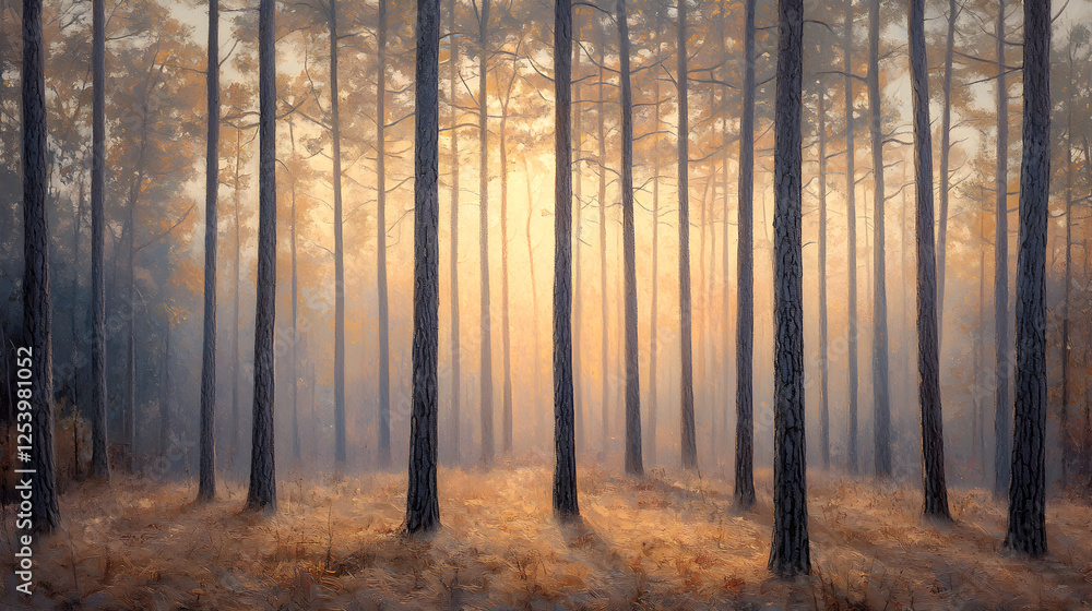 Obraz premium Majestic Loblolly Pines at Sunrise: A Symphony of Light and Nature in a Serene Forest