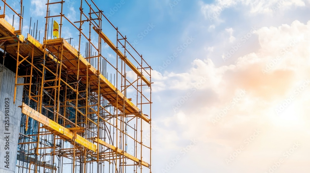Bright construction site with scaffolding against a blue sky and warm sunlight creating a beautiful atmosphere for urban development and building projects Bright construction site with scaffolding against a blue sky and warm sunlight creating a beautiful atmosphere for urban development and building projects