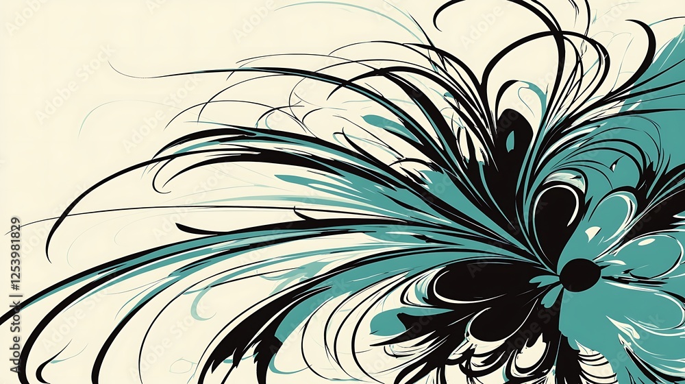 Abstract teal flower design, cream background, art print Abstract teal flower design, cream background, art print