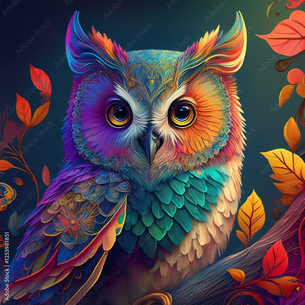 Naklejka premium art owl bird on the tree branch