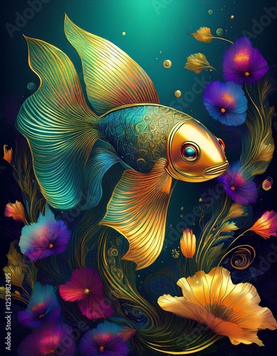 colorful fish in dreamy sea with flowers