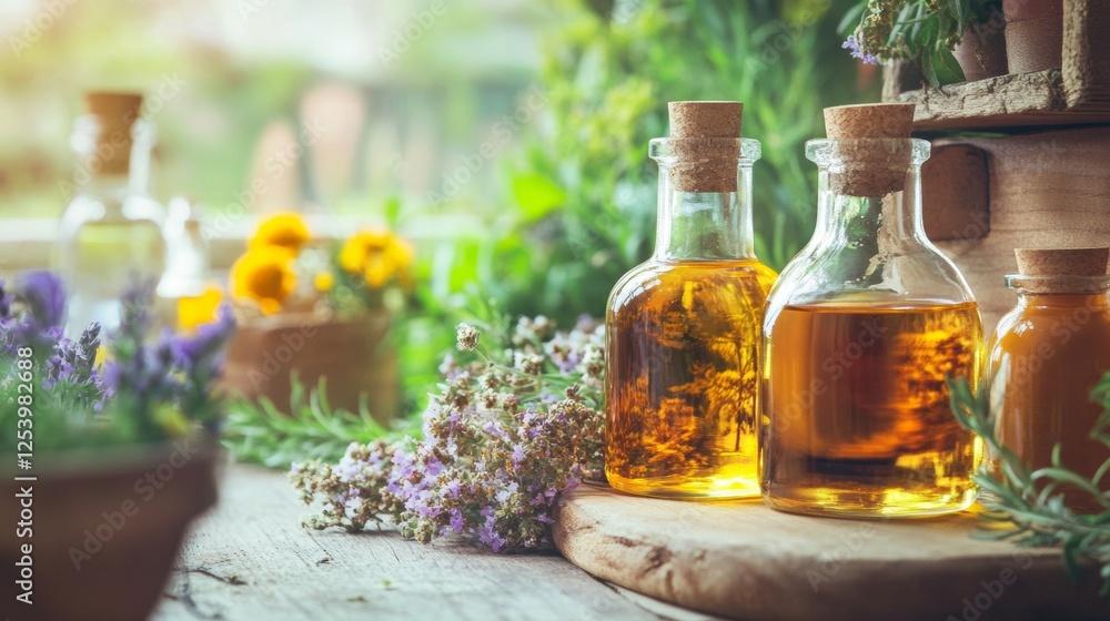 Herbal oil bottles in a rustic garden setting Herbal oil bottles in a rustic garden setting