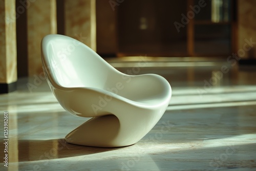 A modern sculptural chair elegantly graces a sunlit, polished concrete floor, embodying sophistication and minimalist design with its smooth, flowing form. photo