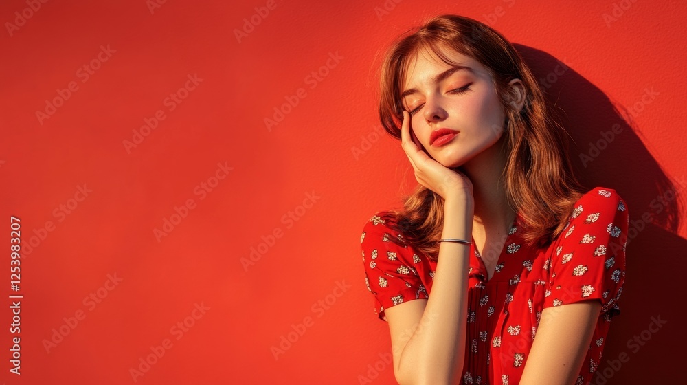 Portrait of a red-haired woman in polka dot dress with vibrant backdrop Portrait of a red-haired woman in polka dot dress with vibrant backdrop