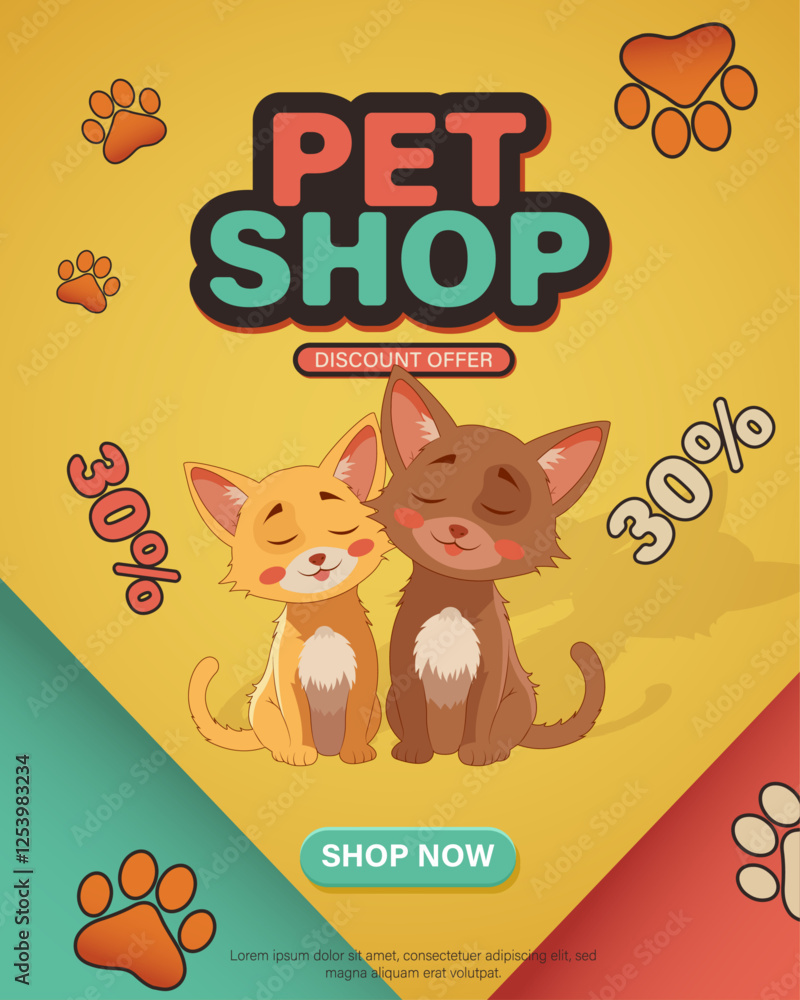 Obraz premium Colorful pet shop promotional design featuring a happy cats sitting together, surrounded by a soft paw print. discount offer in a playful style.