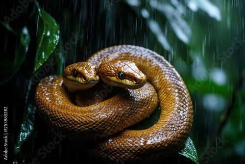 In the rain-soaked forest, two snakes entwined on a branch stand out vividly, emulating an ethereal bond amidst lush greenery. photo