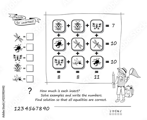 Math logic puzzle game for smartest. How much is each insect? Solve examples and write the numbers. Find solution so that all equations are correct. Brain teaser book. Education page. Vector image.