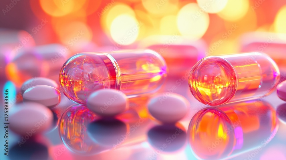 Macro shot of red capsules and pink pills on a vibrant background Macro shot of red capsules and pink pills on a vibrant background