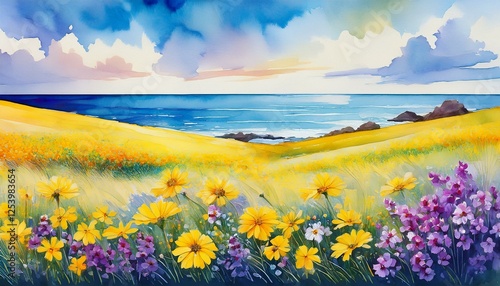 summer landscape with flowers and sea