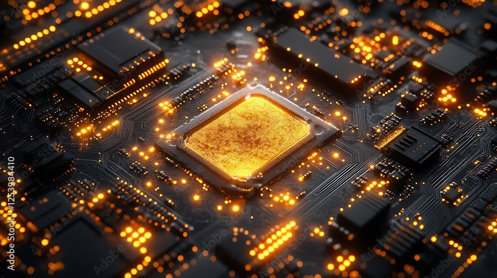 Illuminated golden electronic chipboard with futuristic high tech design Illuminated golden electronic chipboard with futuristic high tech design