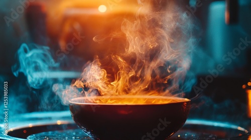 Bowl with steaming liquid in a moody environment photo