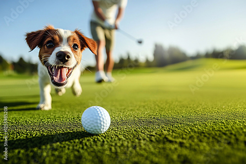  Funny happy puppy runs after a golf ball Perfect for International Puppy Day, calendar design