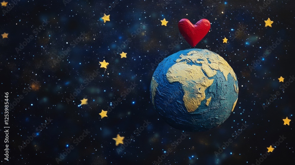 Naklejka premium Red heart resting on planet earth promoting world love day in space