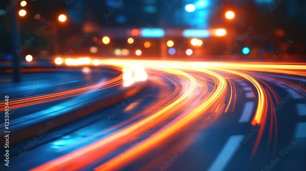A night scene capturing light trails from moving vehicles on a city road. A night scene capturing light trails from moving vehicles on a city road.