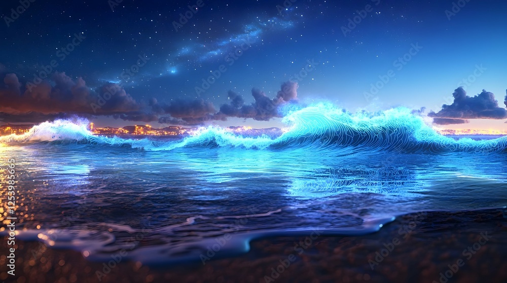 Naklejka premium Glowing Waves At Night Beach Scene