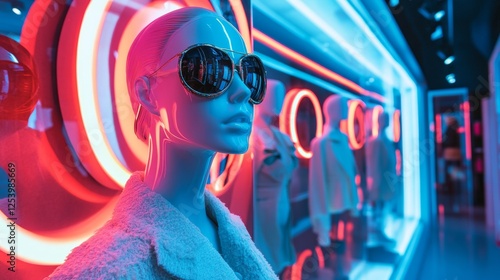 Stylish woman in sunglasses in a neon-lit urban environment photo