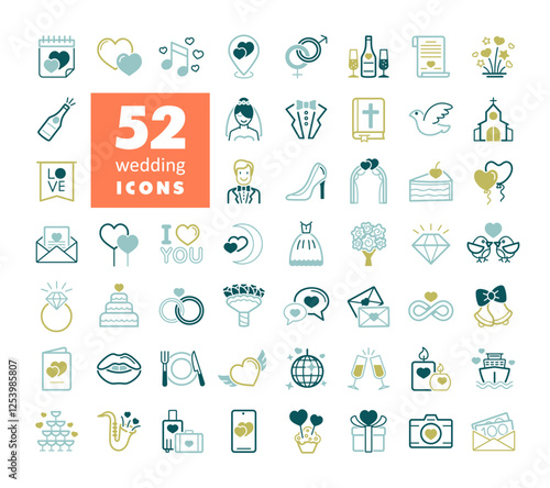 Wedding, marriage, bridal isolated vector icon set