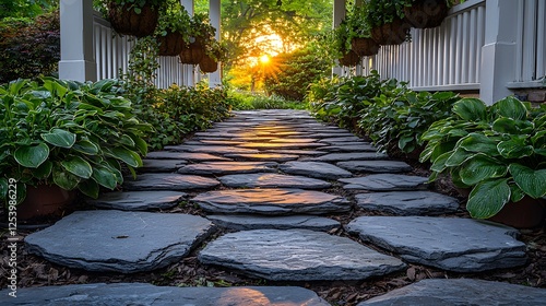Stone Pathway Garden Sunset Landscape