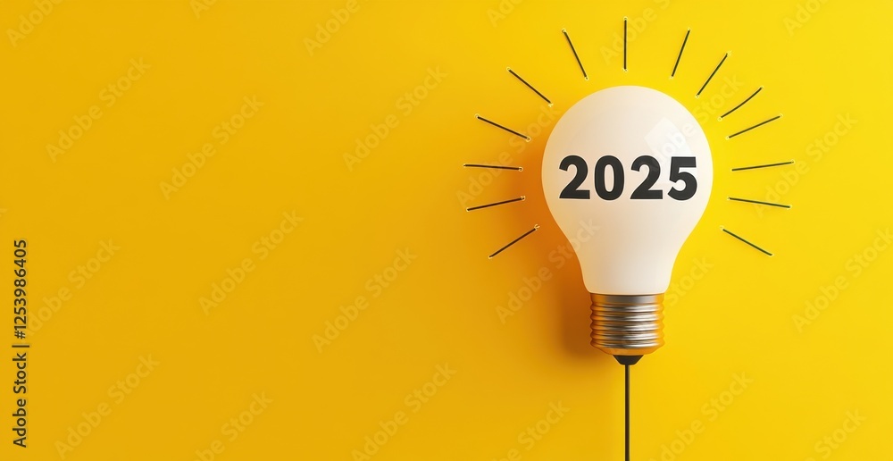 Illuminated Lightbulb Displaying 2025 on Yellow Background for Modern Concepts