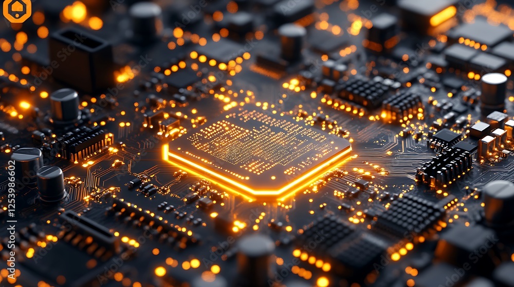 Macro shot of glowing gold printed circuit board with high tech components Macro shot of glowing gold printed circuit board with high tech components