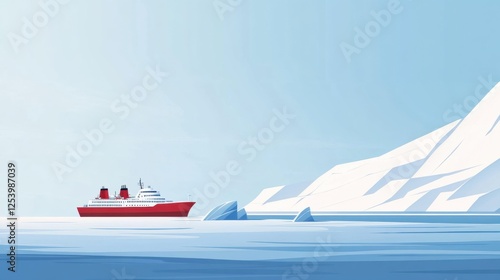 Cruise ship navigating icy waters near towering white glaciers during a calm afternoon. Generative AI