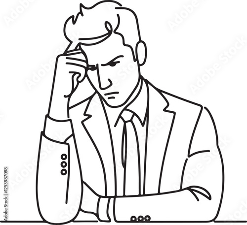 Tensed Corporate Worker Line Art – Black & White Vector