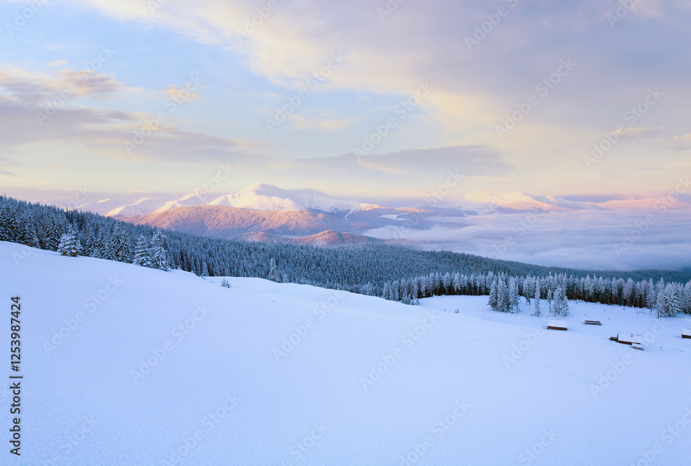 Sunrise and winter mountain landscape with sheds group on slope. View from Kukol Mount. (Carpathian Mountains, Ukraine)