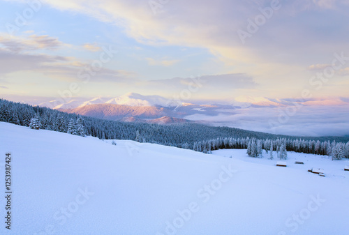 Obraz na płótnie Sunrise and winter mountain landscape with sheds group on slope. View from Kukol Mount. (Carpathian Mountains, Ukraine) w salonie